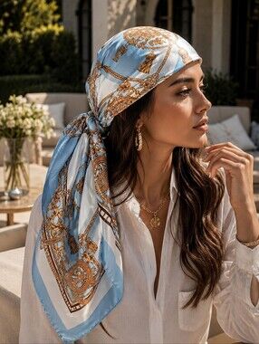 Silk-Feel Blue & Gold Patterned Head Scarf/Bag Accessory/Scarf